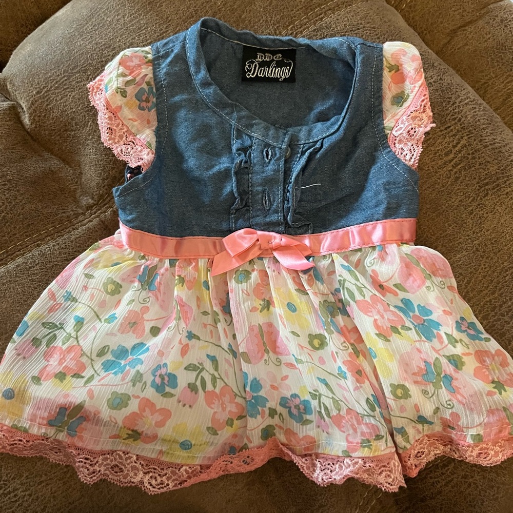 Darling Denim and Floral Kids Dress with Pink Accents